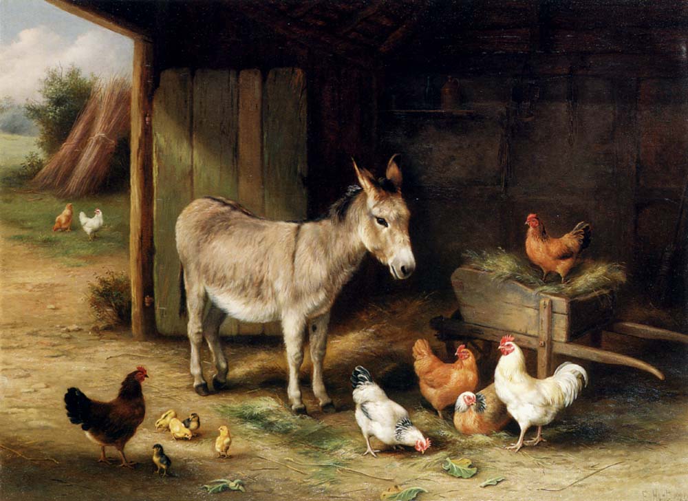 Donkey, Hens and Chickens in a Barn