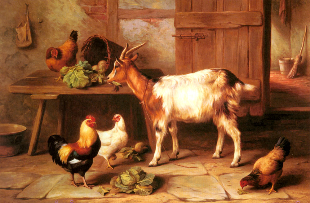 Goat and Chickens Feeding in a Cottage Interior