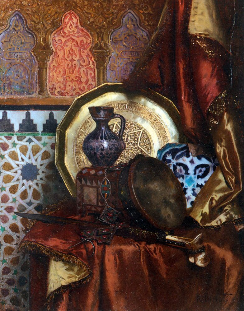 A Tambourine, Knife, Moroccan Tile and Plate on Satin Covered Table