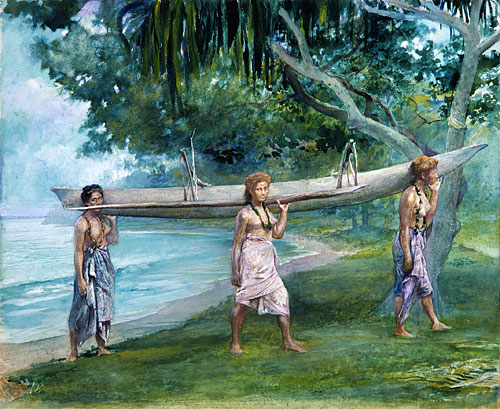Girls Carrying a Canoe, Vaiala in Samoa