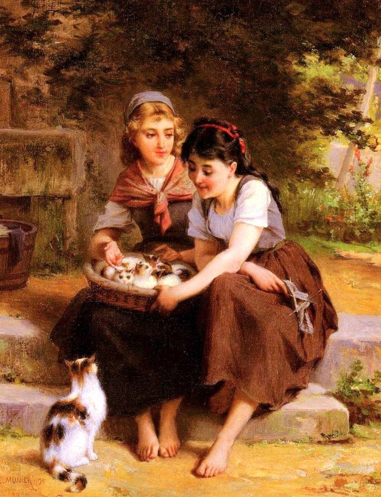 Two Girls With A Basket Of Kittens