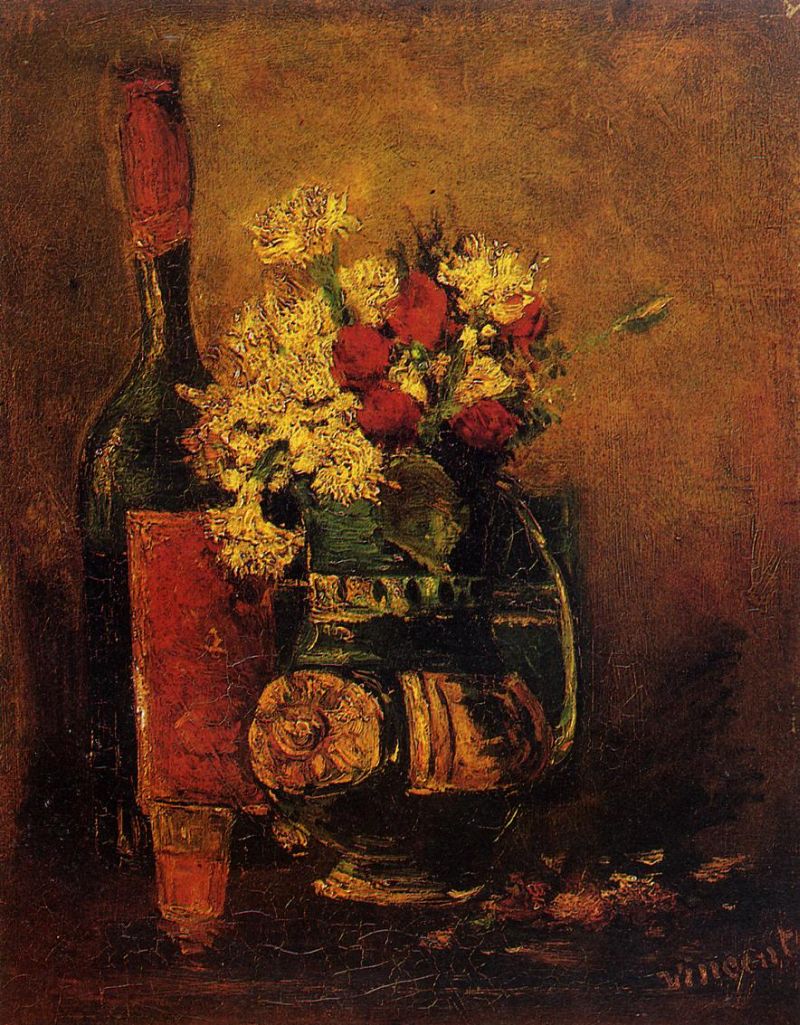 Vase with Carnations and Roses and a Bottle