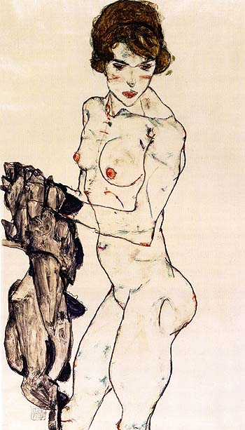 Egon Scheile Standing Female Nude with Blue Cloth, 1914
