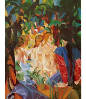 Auguste Macke Women Taking a Bath with a Town on the Back