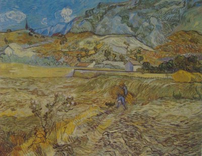 Vincent Van Gogh field with farmer carrying a bundle of straw