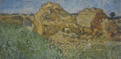 Vincent Van Gogh field with two stacks of wheat or hay