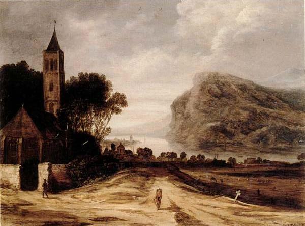 An extensiver river landscape with a church,cattle grazing and a traveller on a track