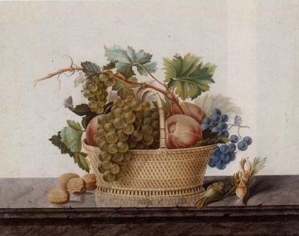 Still life of fruit in a bowl,upon a stone ledge