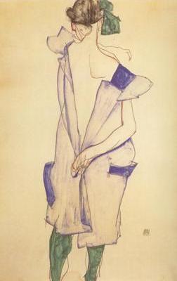 Standing Girl in Blue Dress and Green Stockings.Back Viwe (mk12)