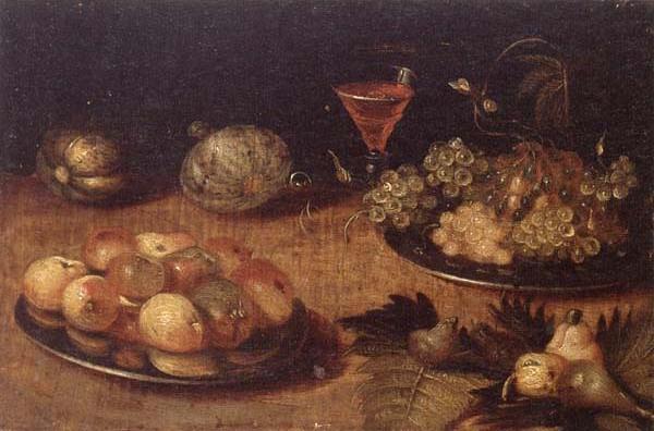 Still life of Grapes and apples on pewter plates,figs,melons and a wine glass