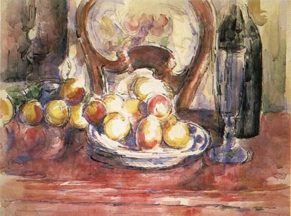 Nature morte,pommes,bouteille et dossier de chaise