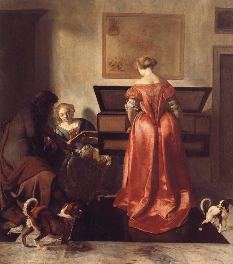 A Woman Playing a Virgind,AnotherSinging and a man Playing a Violin