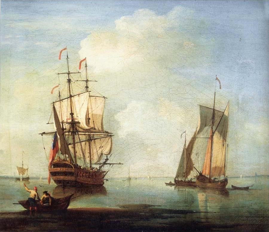 A clam scene,with two small drying sails