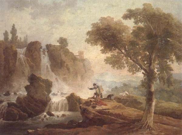 Rome,a view of the falls at tivoli with two artists sketching from a promontory