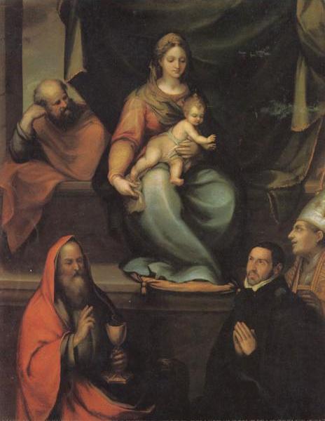 The Holy Family,with SS.Ildefonsus and john the Evangelist,and the Master Alonso de Villegas