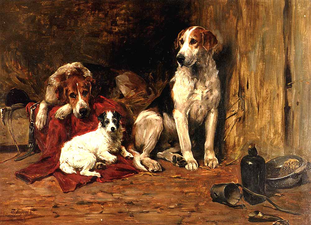 Hounds and a Jack Russell In a Stable