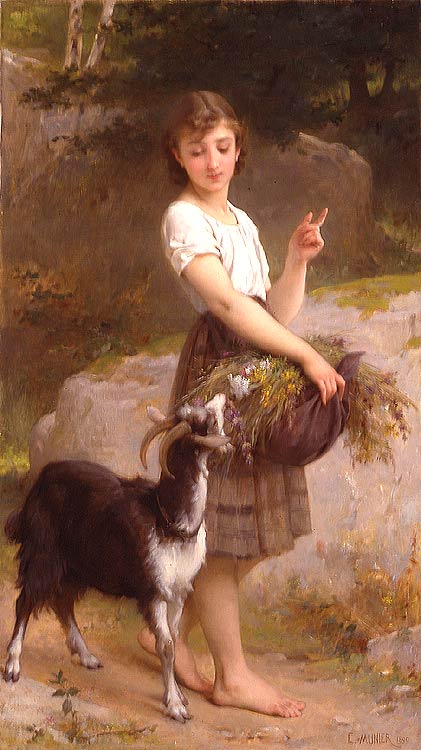 young girl with goat and flowers