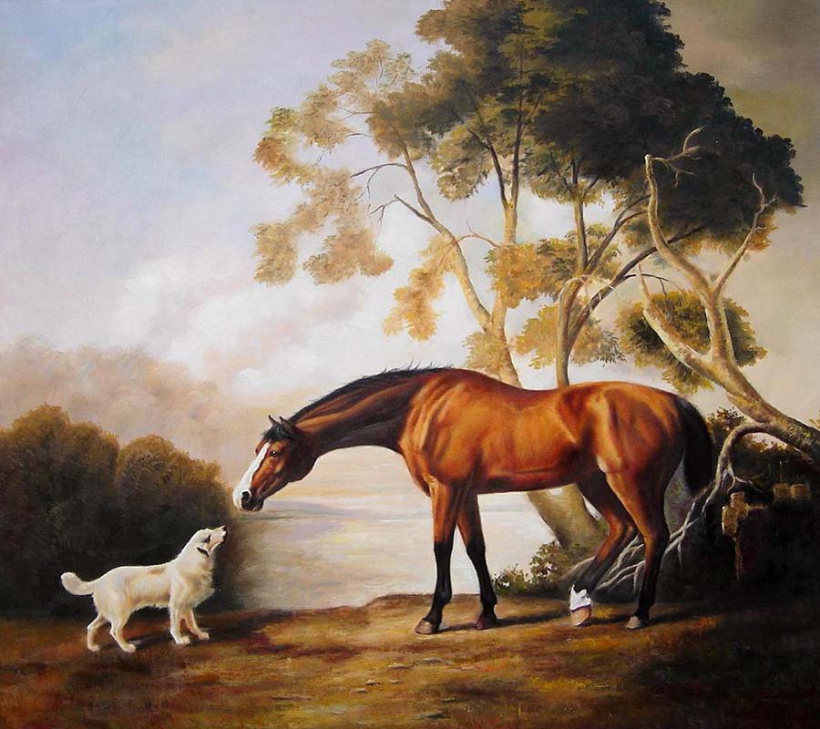 Bay Horse and White Dog