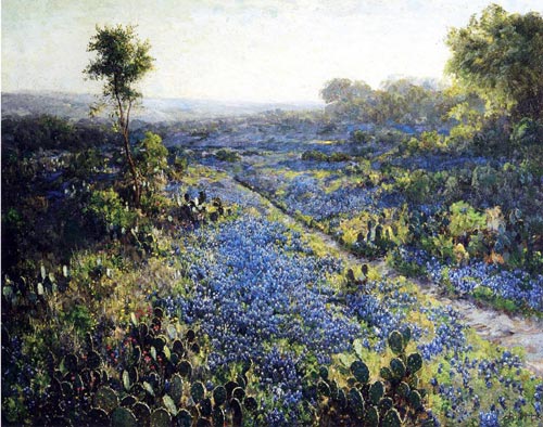 Field of Texas Bluebonnets and Prickly Pear Cacti