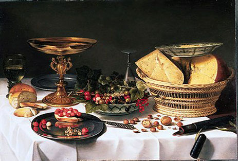 Fruit Still Life with Basket of Cheese