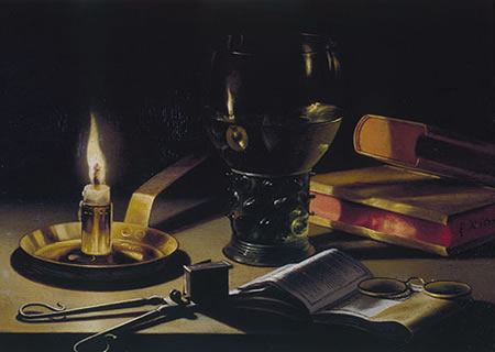 Still Life with Books and Burning Candle