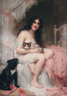 Beauty in Bed with Kitten and Black Dog