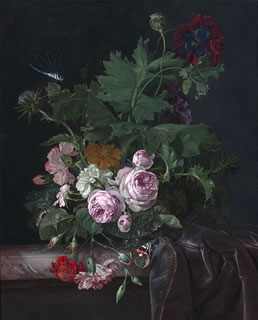 Peonies, Carnations, Thistles and other Flowers in a Glass Vase on a Partially Draped Table