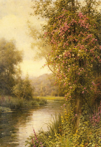 A Flowering Vine along a Winding Stream with a Country Church Beyond