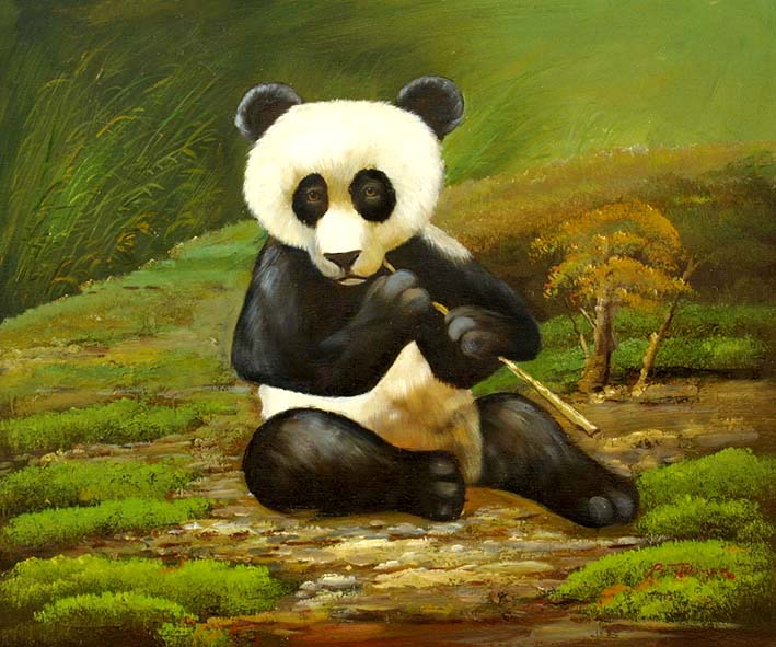 Panda Bear Gnawing At A Bamboo Cane