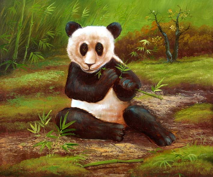 Panda Bear Gnawing At A Bamboo Cane