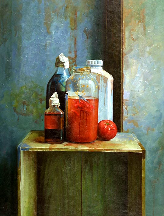 Still Life with Bottles, a Jar and an Apple