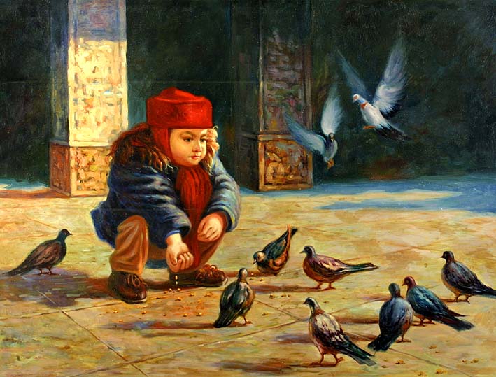 Milanese Boy Feeding Pigeons