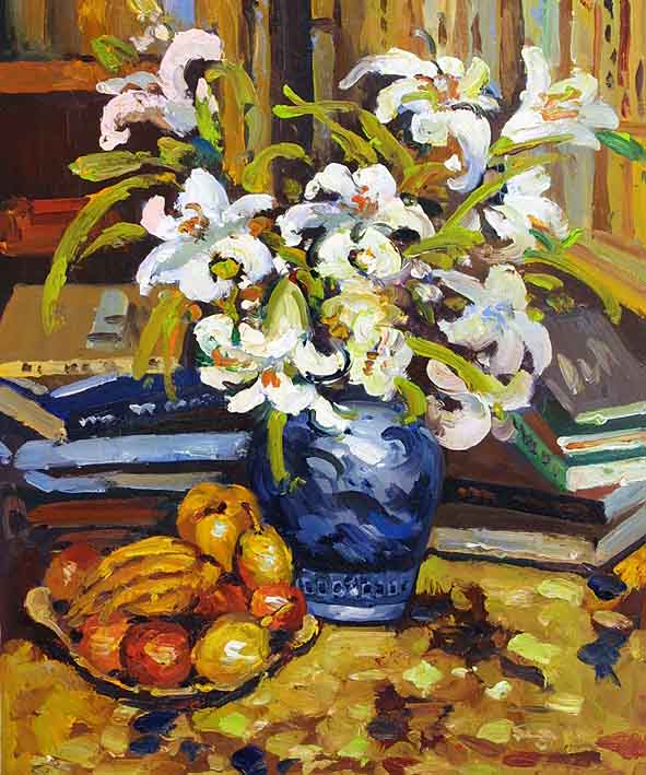 Still Life with Fruit, Books, and a Vase with White Flowers