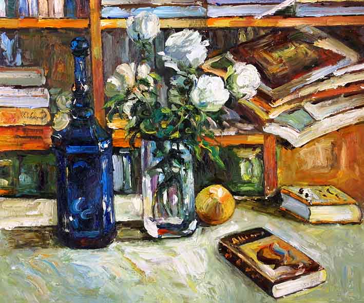 Still Life with Fruit, Books, and a Vase with White Flowers