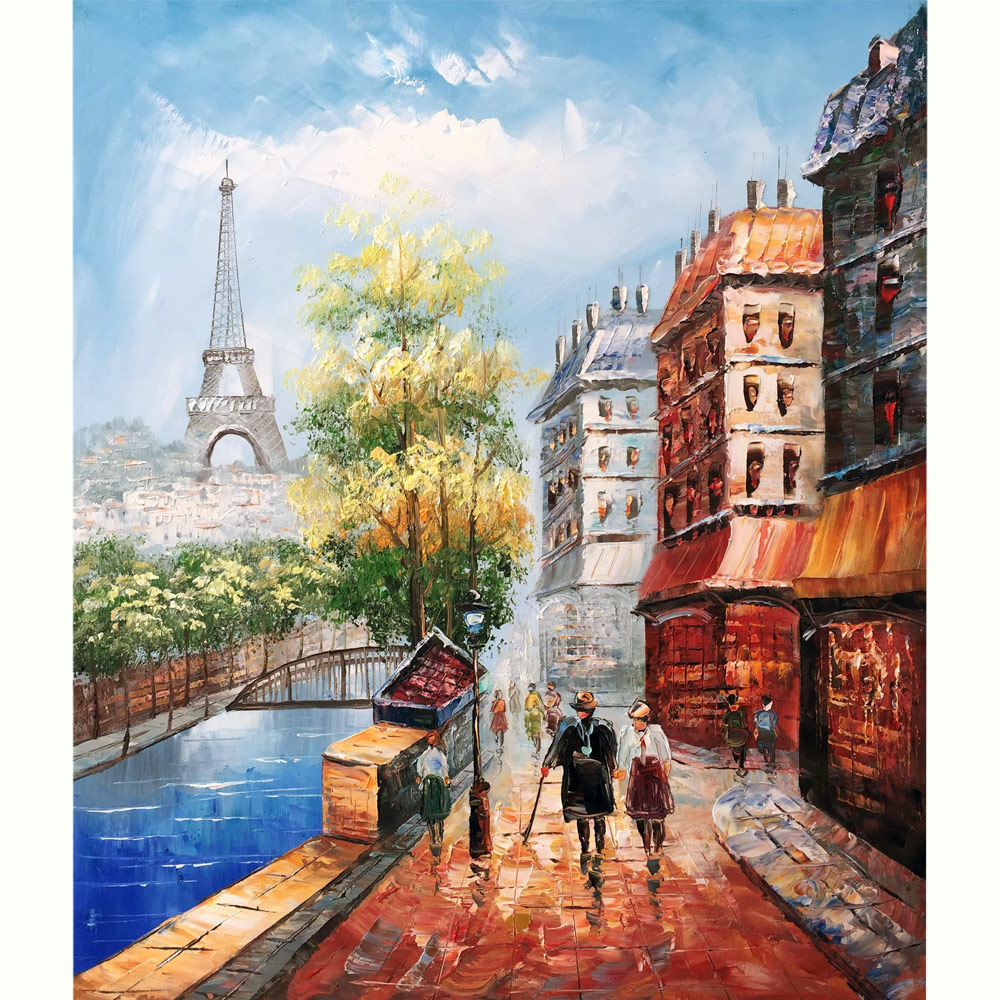 100% Hand-painted Canvas Oil Paintings Paris Street View Romantic Love Autumn Eiffel Tower Wall Art