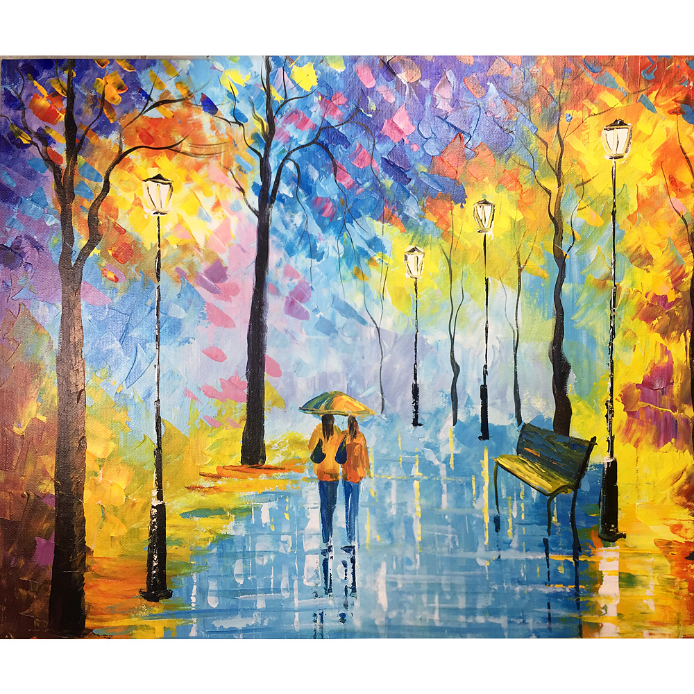 Hand Painted Oil Painting on Canvas Colorful Street Abstract Landscape Artwork Online Sisters stroll