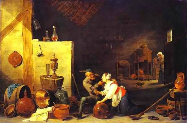 David Teniers the Younger An Old Peasant Caresses a Kitchen Maid in a Stable