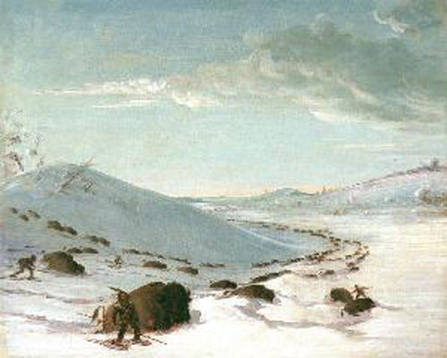 George Catlin Buffalo Chase in Winter, Indians on Snowshoes