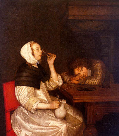 Gerard Ter Borch Woman Drinking with Sleeping Soldier