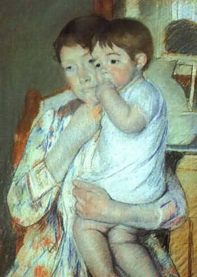 Mary Cassatt Mother & Child Against a Green Background