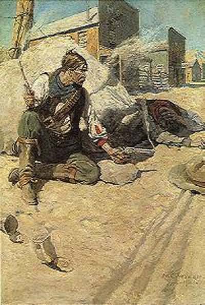 Newell Convers Wyeth Sitting up cross legged with each hand holding
