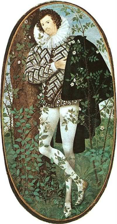 Nicholas Hilliard Youth Leaning Against a Tree amoung Roses