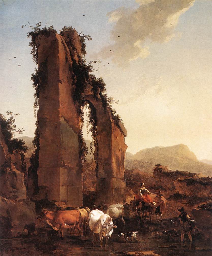BERCHEM Nicolaes Peasants with Cattle by a Ruined Aqueduct
