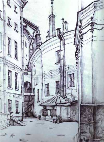 Mstislav Dobuzhinsky Courtyard in St_ Petersburg