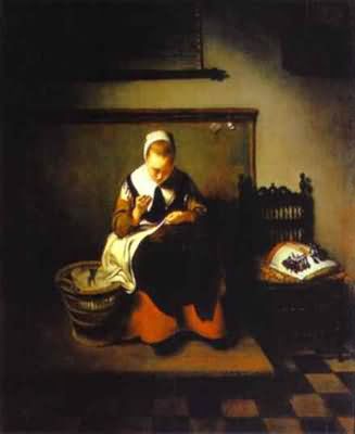 Nicolaes Maes A Young Woman Sewing