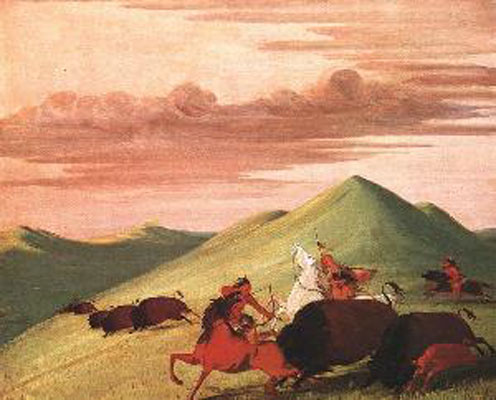 George Catlin Buffalo Chase,Bull Protecting a Cow and a Calf