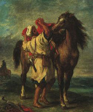 Eugene Delacroix A Moroccan Saddling his Horse