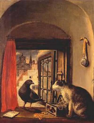 Govert Dircksz Camphuysen Cat and pigeon in window