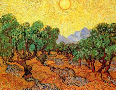Olive Trees with Yellow Sky and Sun