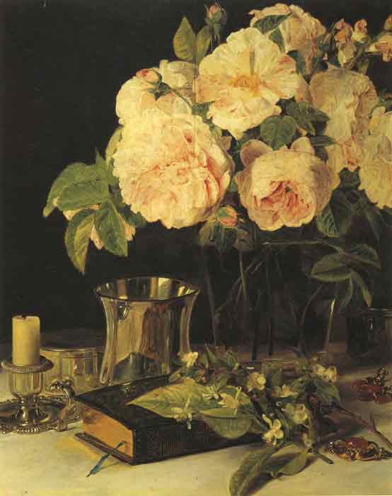 Stilleben mit Rosen, Leuchter und Becher, 1831